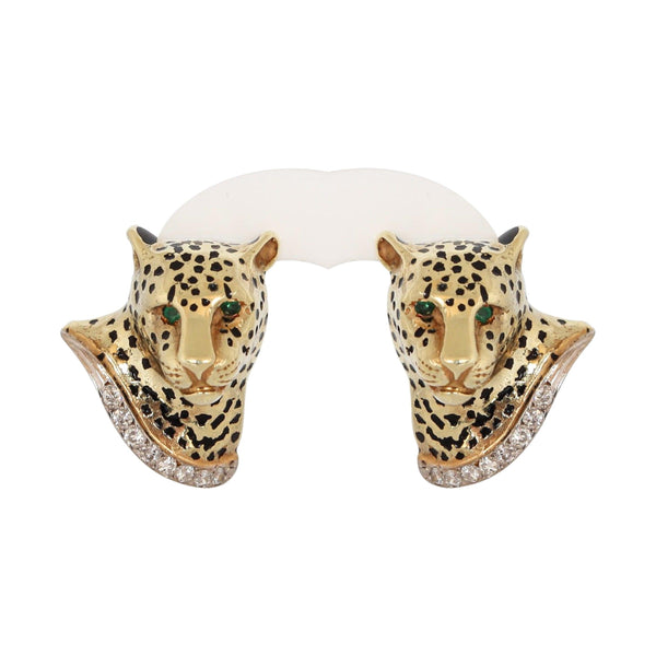 14 kt Yellow Gold Leopard Earrings set with Diamonds and Emeralds