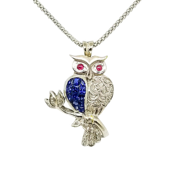 18 kt White Gold Owl Pendant with Diamonds and Sapphires - Cape Diamond Exchange