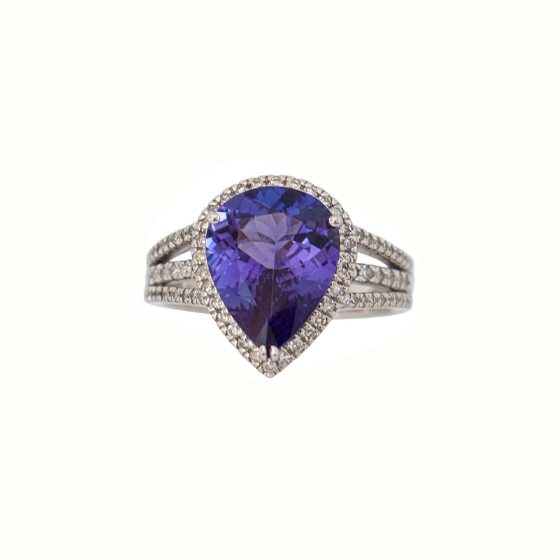White Gold Pear Shape Halo Tanzanite and Diamond Ring Cape Diamond Exchange in St. George's Mall