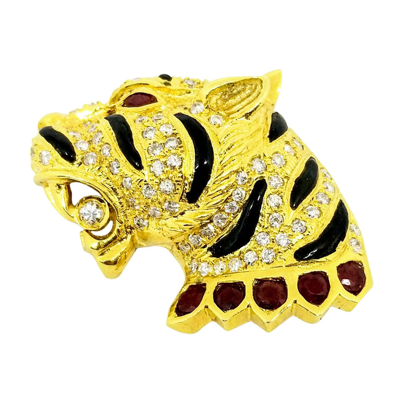 Yellow Gold Tiger's Brooch with Diamonds and Rubies - Cape Diamond Exchange