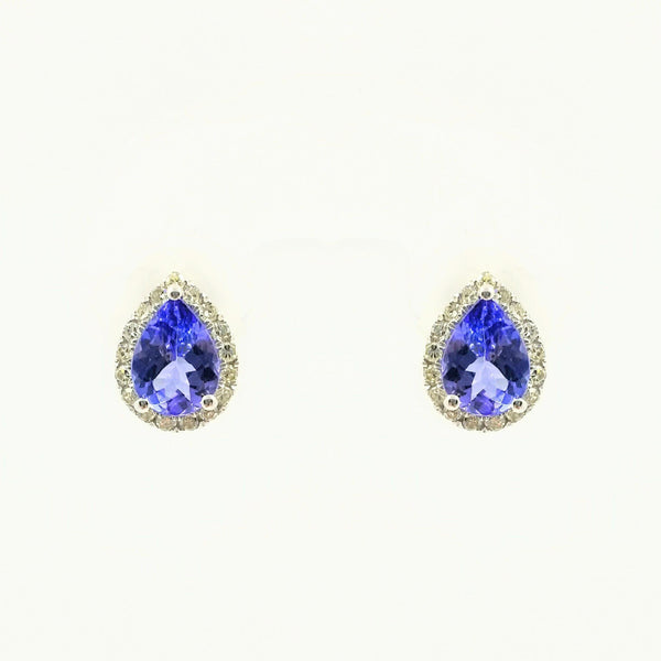 9 kt White Gold Halo Pear Shape Tanzanite and Diamond Earrings - Cape Diamond Exchange