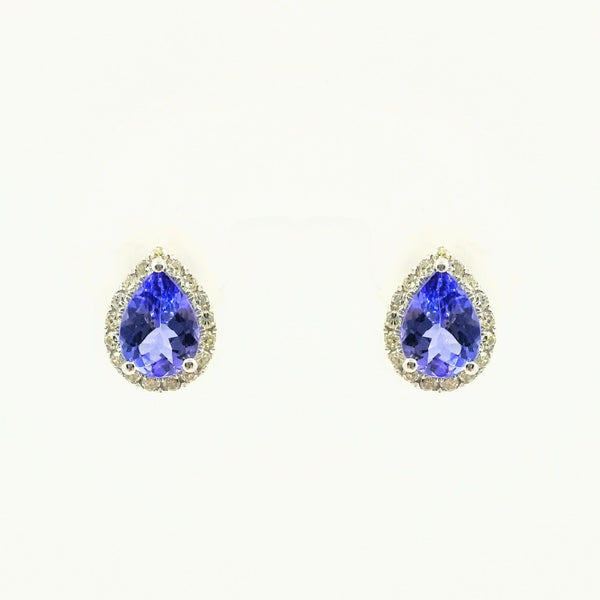 9 kt White Gold Halo Pear Shape Tanzanite and Diamond Earrings - Cape Diamond Exchange