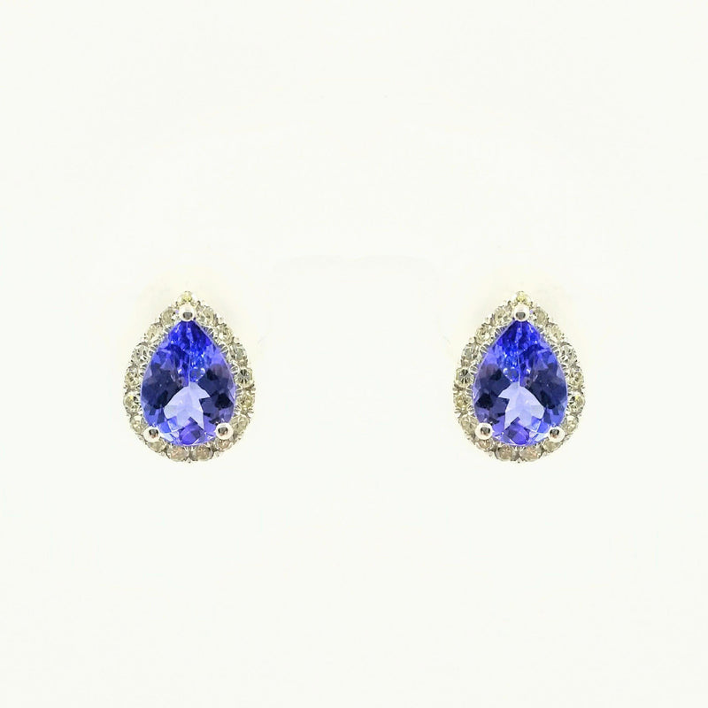 9 kt White Gold Halo Pear Shape Tanzanite and Diamond Earrings - Cape Diamond Exchange