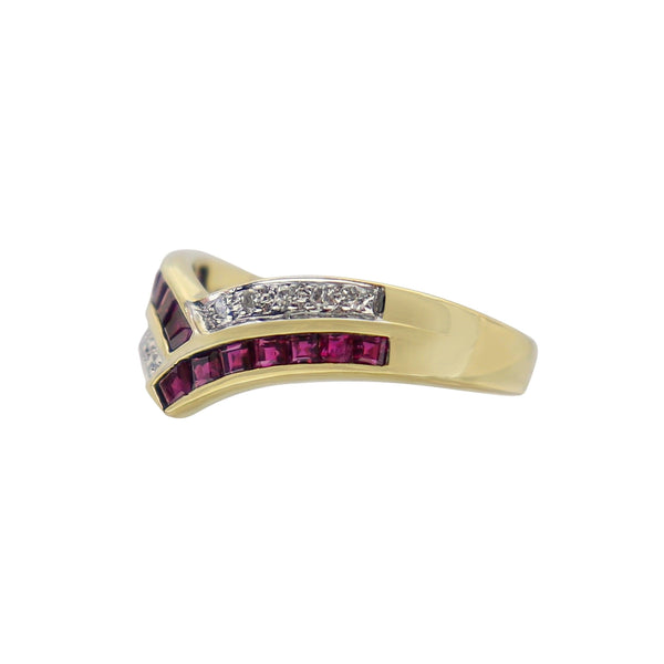 Princess Rubies and Diamond ring in Yellow Gold