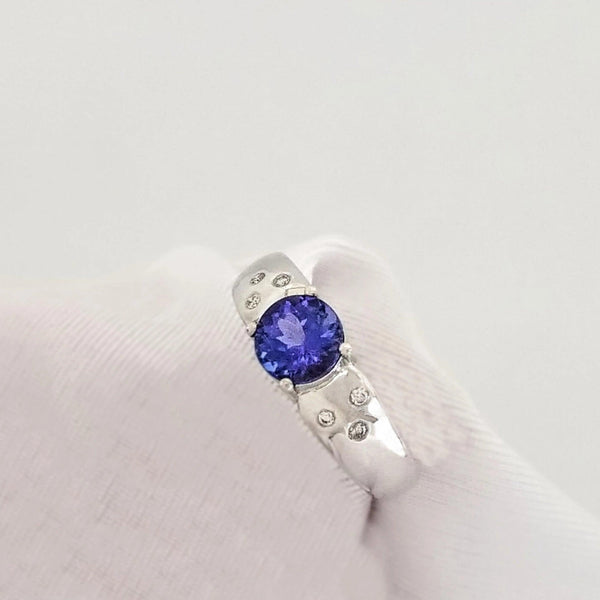 White Gold Ring with Diamonds and Round Tanzanite - Cape Diamond Exchange